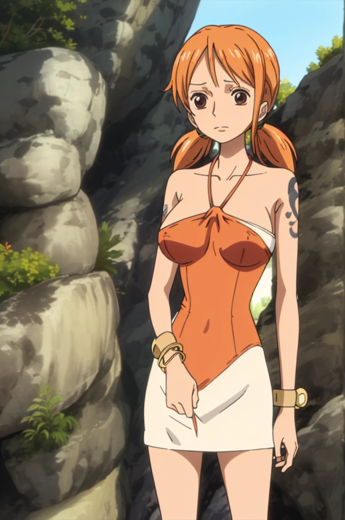 Namihalterneck, halterneck, 1girl, solo, large breasts, twintails, brown eyes, jewelry, orange hair, tattoo, long hairs, tricolor halter neck, bunny outfit, sexy bunny dress, revealing dress,
