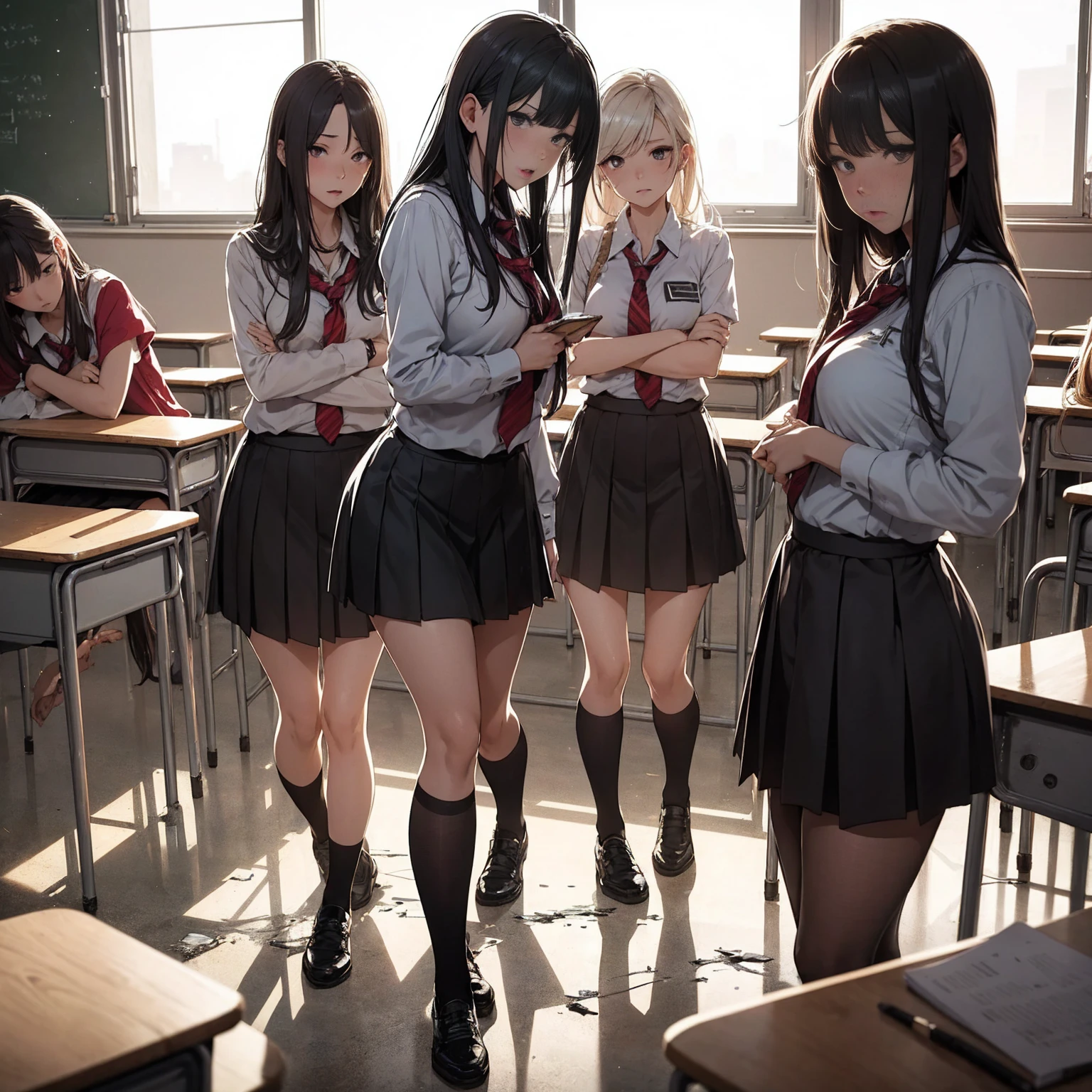 Bad group of female students, (In the classroom), Various Hair Styles, Harem,Evil friend、 lure、Taunt、sexually sloppy、Bad pose、Acting tough、Post-apocalyptic,Rough classroom、 Detailed aspect, Short skirt, lureする, , Dirty body, Broken glass