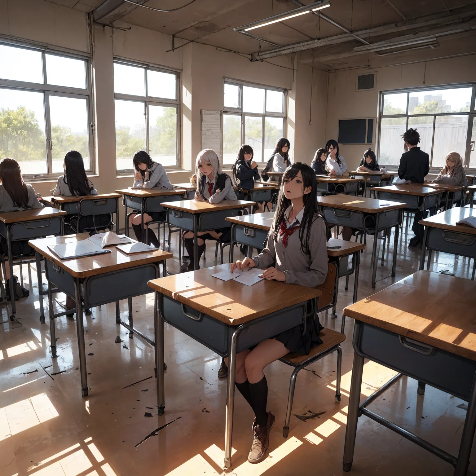 Bad group of female students, (In the classroom), Various Hair Styles, Harem,Evil friend、 lure、Taunt、sexually sloppy、Bad pose、Acting tough、Post-apocalyptic,Rough classroom、 Detailed aspect, Short skirt, lureする, , Dirty body, Broken glass