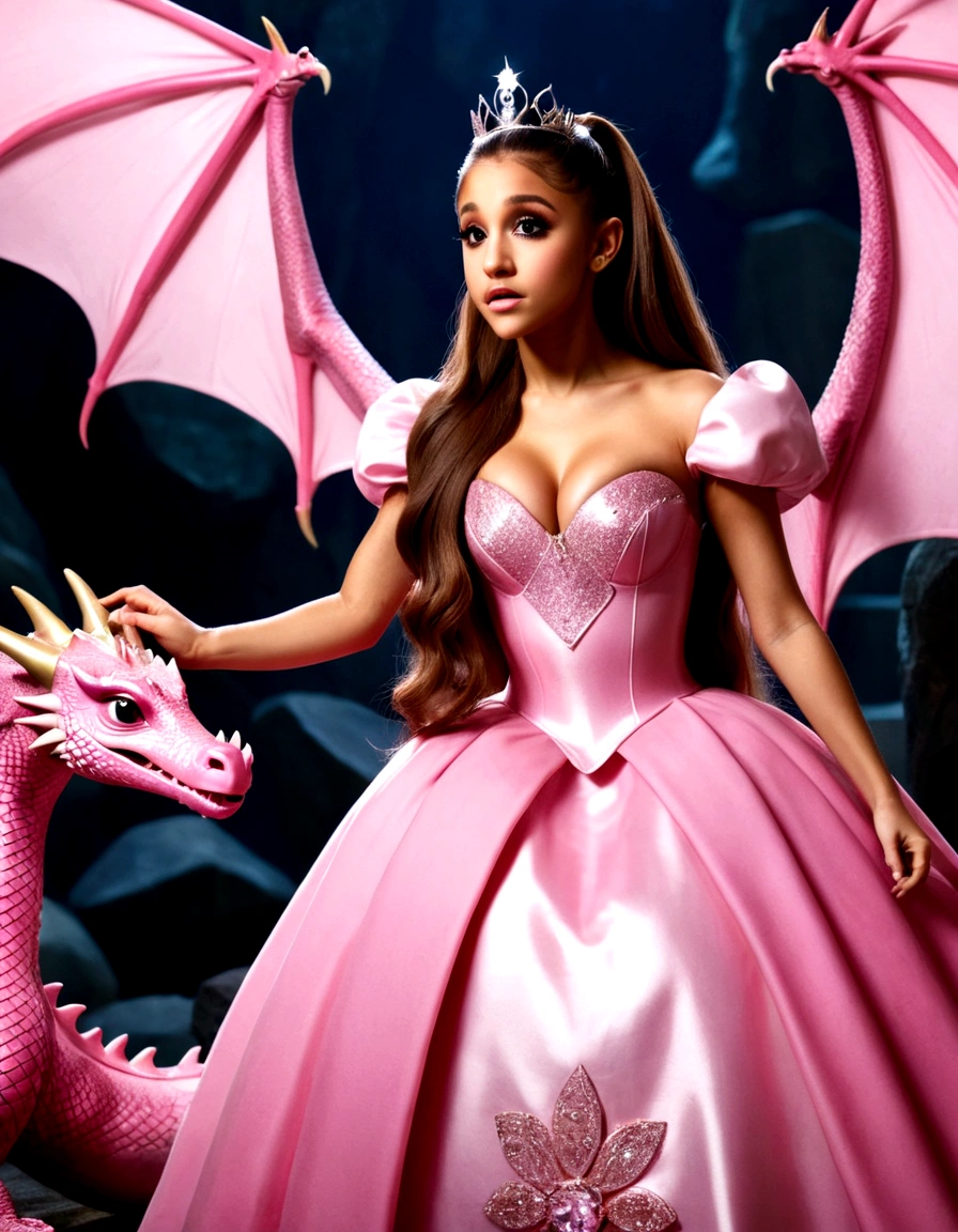 High fantasy: Ariana Grande (age 25, dressed like a pink princess) is in a dragon's lair. She is scolding the dragon and bopping its nose because its lair is so messy and there is no bed