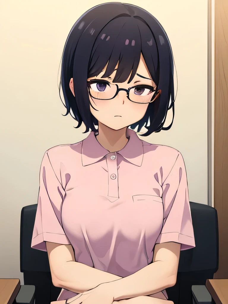 1. Pink polo shirt Beautiful girl, short hair, Short sleeves, naked, small breasts, Beautiful fingers, Black Hair, black eye、hospital、cute 、Quiet High Quality Short Sleeve Glasses、Perfect hands, whole body, desk in front, sitting on a chair, ahegao, feels good, feels, masturbation