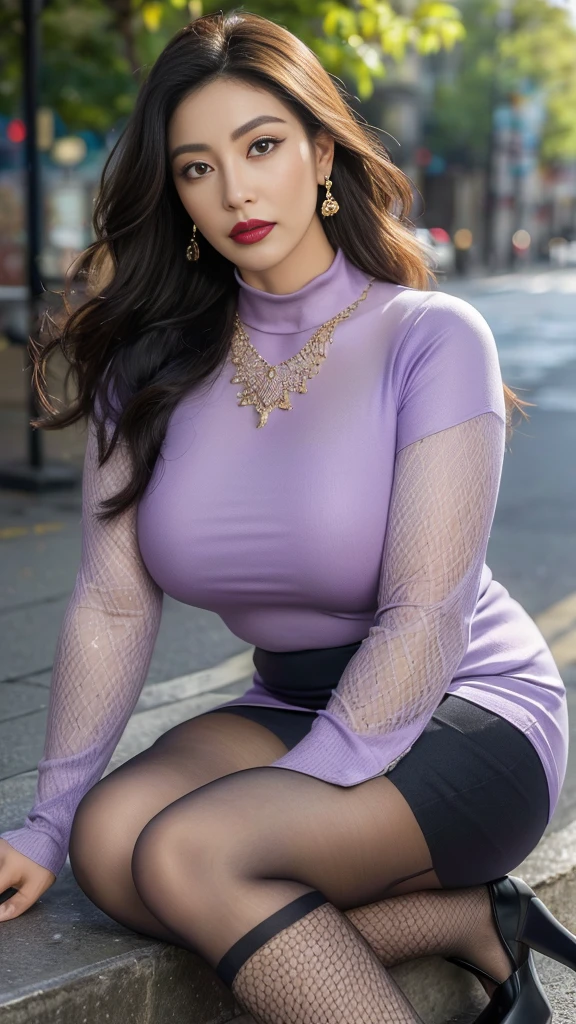 on the street,Light purple reflective clothing (No cleavage),cosmetic, (lipstick: 1.1), (Eyeliner: 1.2), mascara, Eyeshadow,Outdoor sports, earrings, necklace, Black pantyhose, Wrinkles at the corners of the eyes, Oral wrinkles,High Neck Knit Bodycon Skirt,full-body shot,An Asian Japanese woman,65 years old,big eyes,elegant temperament elegant temperament,(masterpiece:1.2, best quality), Practical, (The true situation,45 years old, Intricate details, Depth of Field,High neck clothes), careful, The content is very detailed, This is a perfect face, Perfect body, Large Model, Mature woman, High,Black silk garter belt,8K,best quality, masterpiece, Ultra-high resolution,(lifelike:1.4), original photo, Stay focused, detailed, Dramatic, Exquisite beautiful woman, (tall and straight:1.1),(Fat goddess desetallic high collar dress,High collar fitted skirt),half butterfly earrings, double ring necklace, (:1.05), (65 years old, : 1.4),Long curly hair, Dynamic angle, (red lips)Beautiful graphics, Light purple reflective fishnet socks,High heel