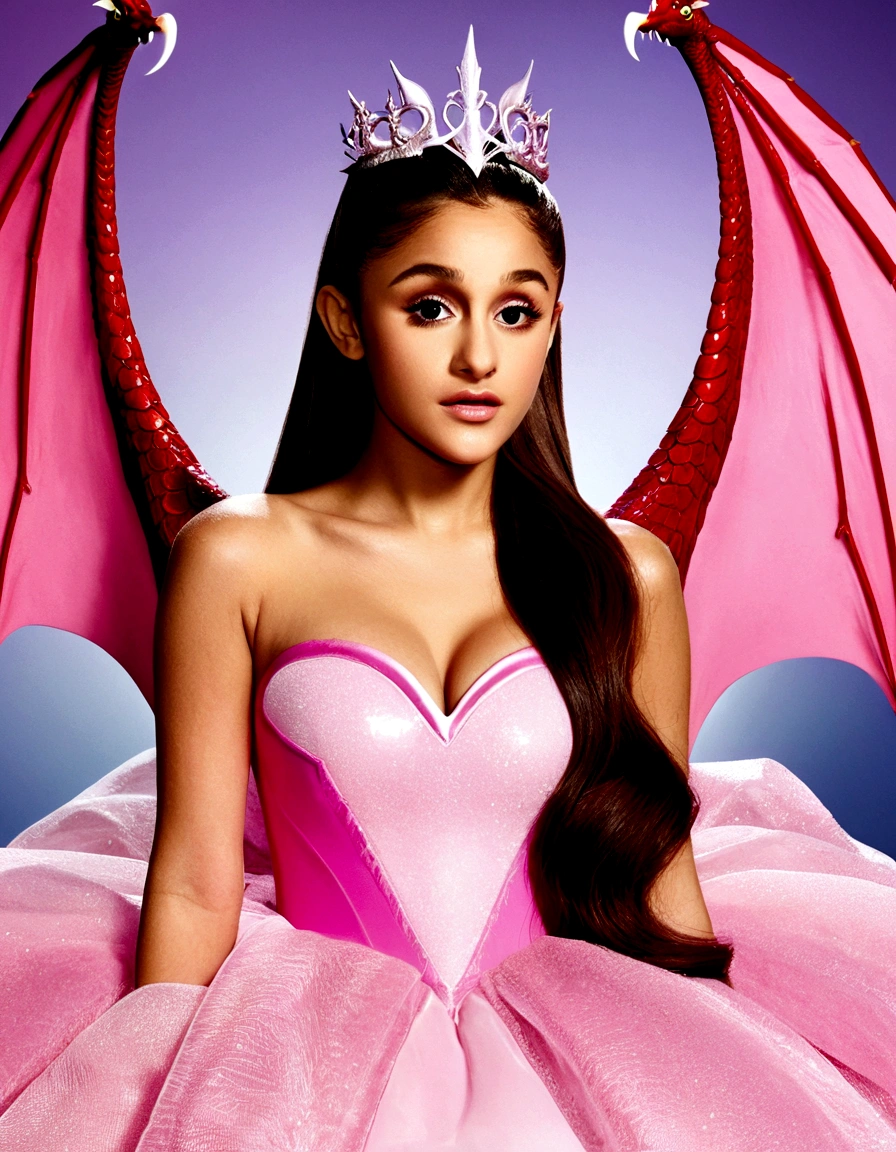 High fantasy: Ariana Grande (age 25, dressed like a pink princess) is in a dragon's lair. She is scolding the dragon and bopping its nose because its lair is so messy and there is no bed
