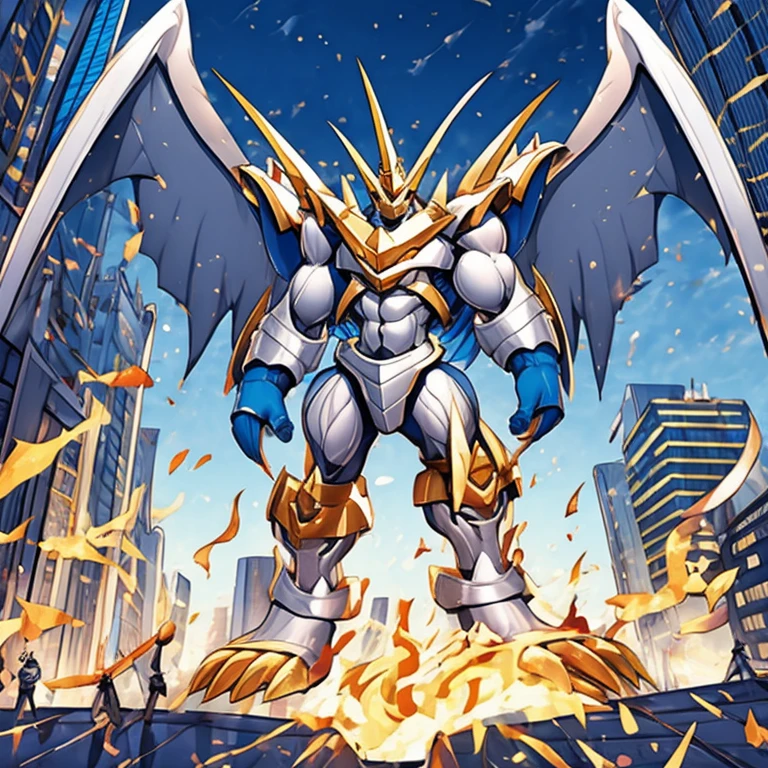 (solo. masterpiece. official art. 8k. best quality. detailed full body. full body.)
 
(situation 1 : dominating Imperialdramon_Paladin_Mode. Imperialdramon_Paladin_Mode is over 1000 meters long. focus GIANT mechanical Muscular Imperialdramon_Paladin_Mode is trampling the city. Looking down. macro. stomp. Low-angle perspective. emphasizing the immense size.)

(situation 2 :smoke and flames rising from the destruction in the city)

(Additional details 1: wearing a full-face helmet. armor. sword. holding a sword.).

(Additional details 2: (Detailed head. Detailed Body. Detailed abs. gigantic muscles. HYPER MUSCLES. Gigachad Muscular. big muscle. pecs. triceps. traps. unusually developed muscular body. body full of huge muscles. showing off muscles. pectorales enormes. Exaggeratedly huge muscles. huge muscles. long legs.).

(Additional details 3: Spread wings. It has wings. have big wings. The claws are sharp. Sharp teeth.).