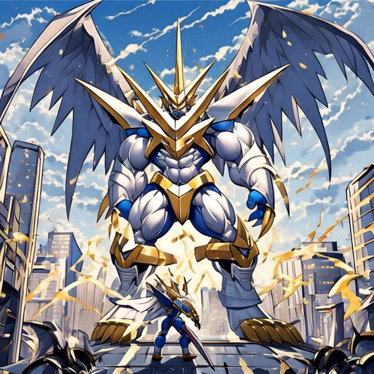 (solo. masterpiece. official art. 8k. best quality. detailed full body. full body.)
 
(situation 1 : dominating Imperialdramon_Paladin_Mode. Imperialdramon_Paladin_Mode is over 1000 meters long. focus GIANT mechanical Muscular Imperialdramon_Paladin_Mode is trampling the city. Looking down. macro. stomp. Low-angle perspective. emphasizing the immense size.)

(situation 2 :smoke and flames rising from the destruction in the city)

(Additional details 1: wearing a full-face helmet. armor. sword. holding a sword.).

(Additional details 2: (Detailed head. Detailed Body. Detailed abs. gigantic muscles. HYPER MUSCLES. Gigachad Muscular. big muscle. pecs. triceps. traps. unusually developed muscular body. body full of huge muscles. showing off muscles. pectorales enormes. Exaggeratedly huge muscles. huge muscles. long legs.).

(Additional details 3: Spread wings. It has wings. have big wings. The claws are sharp. Sharp teeth.).