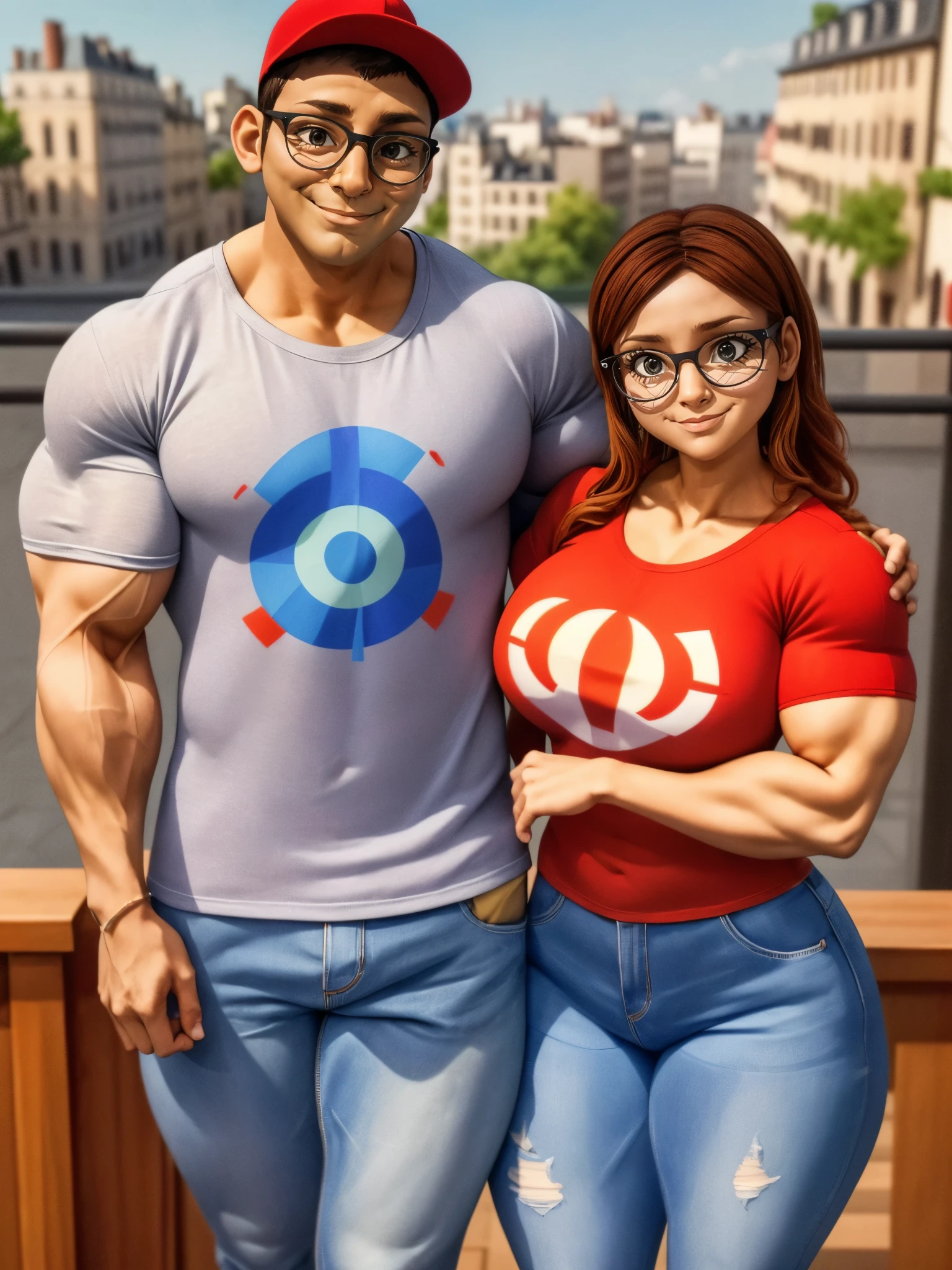 (masterpiece, best quality:1.2), A couple , boy Nino Lahiffe: Brown skin, dark hair, usually seen wearing a red cap, glasses, and casual clothing like a T-shirt and jeans, and a girl Alya Césaire: Brown skin, curly dark brown hair, often wears glasses, and typically seen in stylish, casual outfits. A casual day out with both characters in their everyday attire,Sharing a tender moment, like sitting on a rooftop overlooking Paris..(girl and boy:1), smiling, ((high resolution illustration)), ((extremely detailed)), (couple), Alya, Nino, Nino X Alya, (best quality,4k,8k,highres,masterpiece:1.2), ultra-detailed, realistic:1.37, HDR, studio lighting, extreme detail description, nino wearing a red cap, professional, vibrant colors, bokeh, ((muscular female bodybuilder)), detailed lips, strong embrace, romantic scene, intimate moment, intense passion, athletic bodies, fitness couple, gym background, muscular definition, sculpted muscles, sweat glistening,muscular.