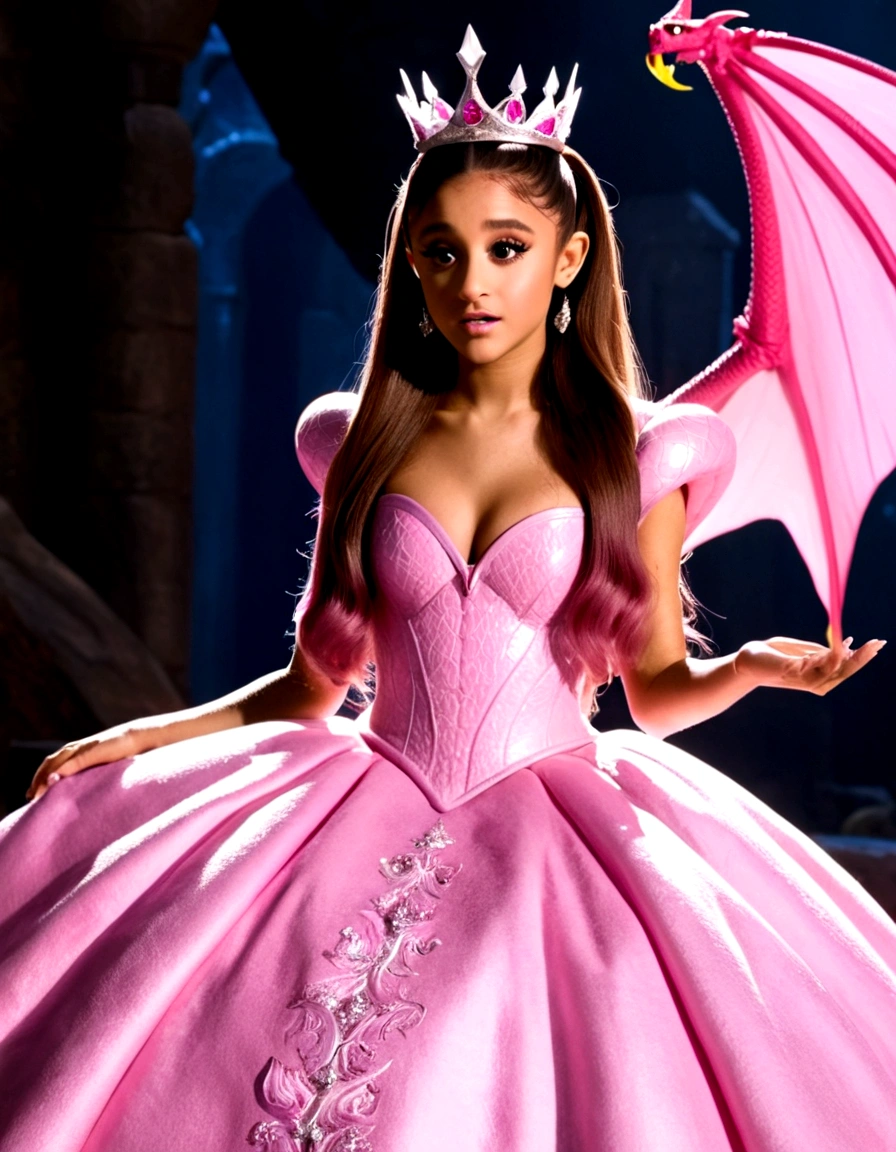 High fantasy: Ariana Grande (age 25, dressed like a pink princess) is in a dragon's lair. She is scolding the dragon and bopping its nose because its lair is so messy and there is no bed