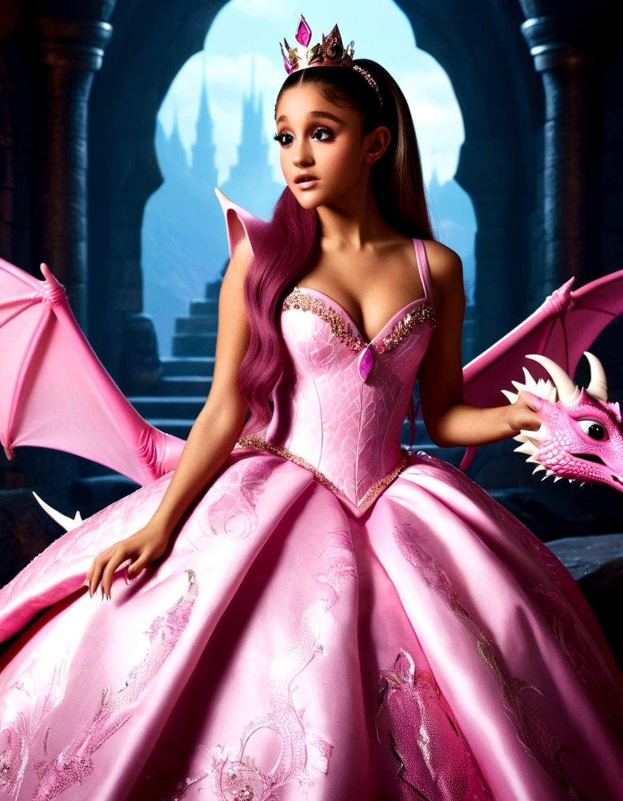 High fantasy: Ariana Grande (age 25, dressed like a pink princess) is in a dragon's lair. She is scolding the dragon and bopping its nose because its lair is so messy and there is no bed