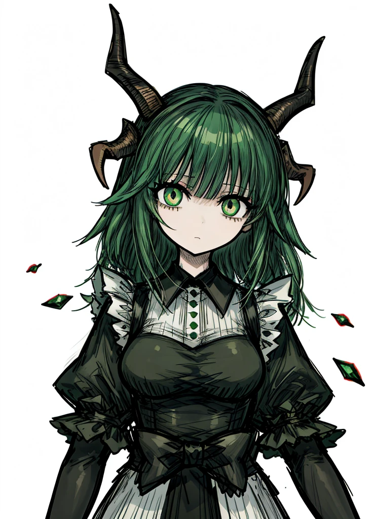 1girl, emerald eyes, emerald hair, driade, maid, white clothes, nice clothes, (high resolution, high detail, best quality),
black background, medium size breasts, wooden horns, sweet