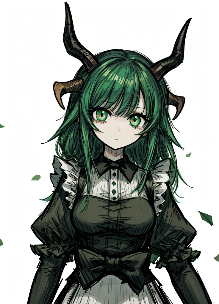 1girl, emerald eyes, emerald hair, driade, maid, white clothes, nice clothes, (high resolution, high detail, best quality),
black background, medium size breasts, wooden horns, sweet