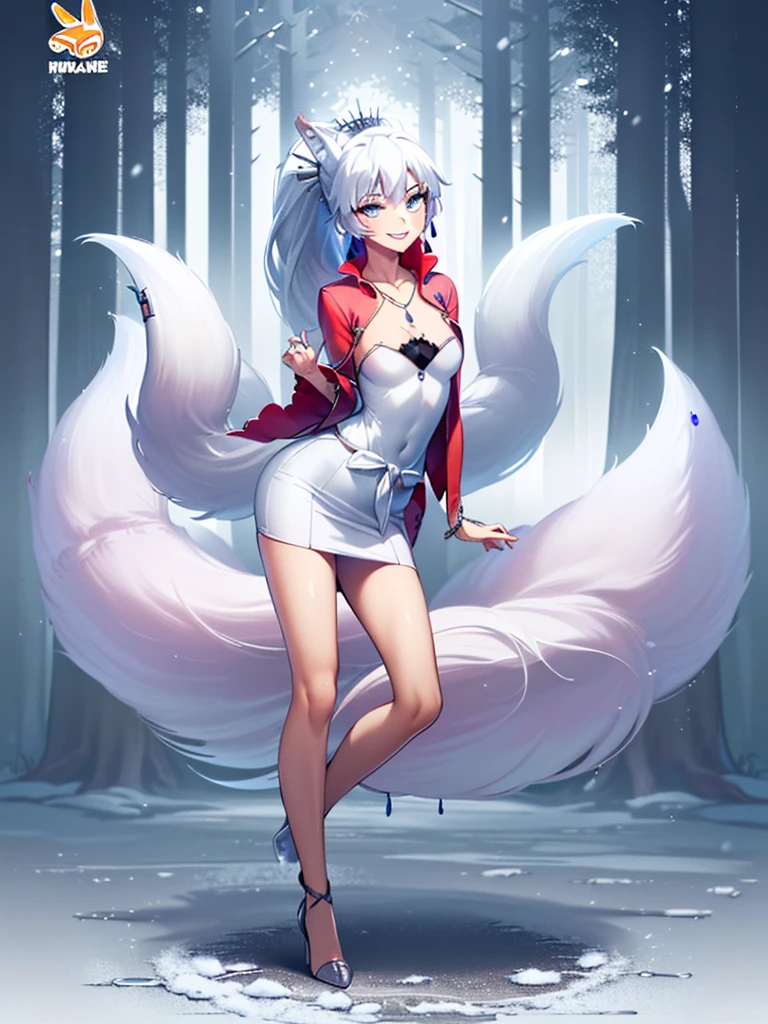 great quality ++ Extremely detailed high resolutionolution, very aesthetic, expressive eyes, (((Perfect face))), (((face symmetrical))), ((good anatomy)), (((perfect hands))), (((8k))), UHD, hd wallpaper, (((detailed high cal, (((((1girl)))))), only, Masterpiece, The best quality, high resolution, Highly detailed, (illustration), Beautiful detailed eyes, ((((full body))), (((solo))), (((((Koyanskaya))))), (((cosplay of weissvale))), (((smiling))), (((fusion))), (((agglutination))), (((Combination))), (((((Whitehair))))), (((ponytail))), (((white dress))), (((jewelry))), (((necklace))), (((earrings))), only, jaeces, earrings, long hair, parody, (((scar))), (((scar ocular))), (((hair ornament))), (((winter forest background))), Side ponytail, scar en la cara, Upper part of the body, (((fox tail))), (((fox ears))), (((tiara))), (((jewelry))), (((earrings))), (((neckline trimming))),