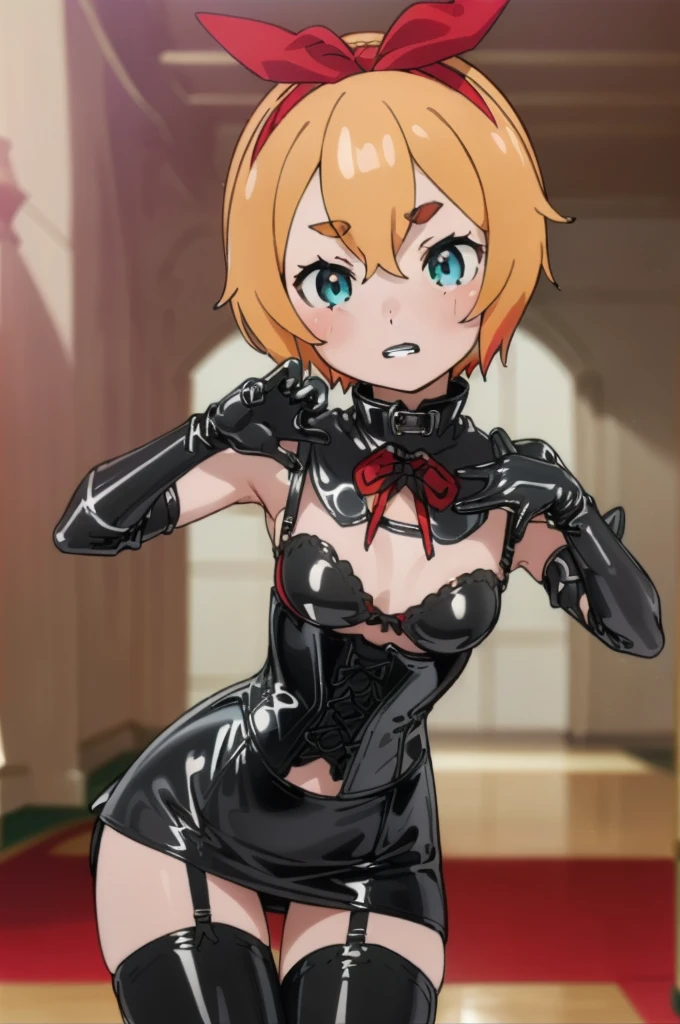 (((chibi:1.4)))、(((Lori:1.4)))、(((low length)))、(((Child body type)))、BDSM、Queen、mistress、(((One girl)))、solo:1.8、(((Black latex elbow gloves:1.4 )))、(((Black latex corset dress:1.4)))、(((The corset dress is decorated with beautiful lace.)))、(((Corset dress with shoulder straps)))、(((Black latex tight mini skirt:1.4)))、(((Red Thigh Boots)))、(((Black fishnet stockings:1.2 )))、(((Stiletto Heel Boots:1.4)))、(((Black latex panties)))、(((Black latex bra)))、(((Red leather collar)))、(((Sexy pose:1.4 )))、Wide-open legs:1.2、(((Erotic)))、(((Cowboy Shot)))、village,Day,Wooden house,blue sky,White cloud,笑face,:p,
One Girl,short hair,(((Red ribbon:1.4 ))),(((Red Hairband))),Red Bow,(((Hair between the eyes))),(((Eyebrows hidden by hair),(((金colorの髪))),(((ハイライトが入った緑colorの瞳:1.4))),((Jagged teeth))、
Small breasts,Amazing visuals, High resolution,masterpiece,Highest quality,, 18-year-old,young woman,Anatomically perfect fingers,beautiful長い脚,beautiful体,beautiful鼻,beautifulキャラクターデザイン, Perfect Eyes, perfect face,Expressive eyes,
Official Art,Very detailed CG ユニティ 8K 壁紙, Perfect lighting,colorful, bright_front_face_Lighting,Shiny skin,
(masterpiece:1.0),(Highest_quality:1.0), 超High resolution,4K,Very detailed,
photograph, 8K, High resolution, High resolution, Absurd:1.2, Kodak Portrait 400, Film Grain, Blurred Background, Bokeh:1.2, Lens flare, (Vibrant_color:1.2), (beautiful_face:1.5),(narrow_Waist), ,Browsing Caution,
