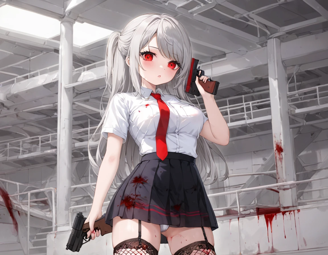 A large amount of fresh red blood、Girl fires a gun、A girl covered in blood. She holds up her skirt with both hands.、Showing off cute white underwear.、Black garter belt、Black rough fishnet stockings、Plain white shirt with a red tie、Standing posture、Abandoned Factory