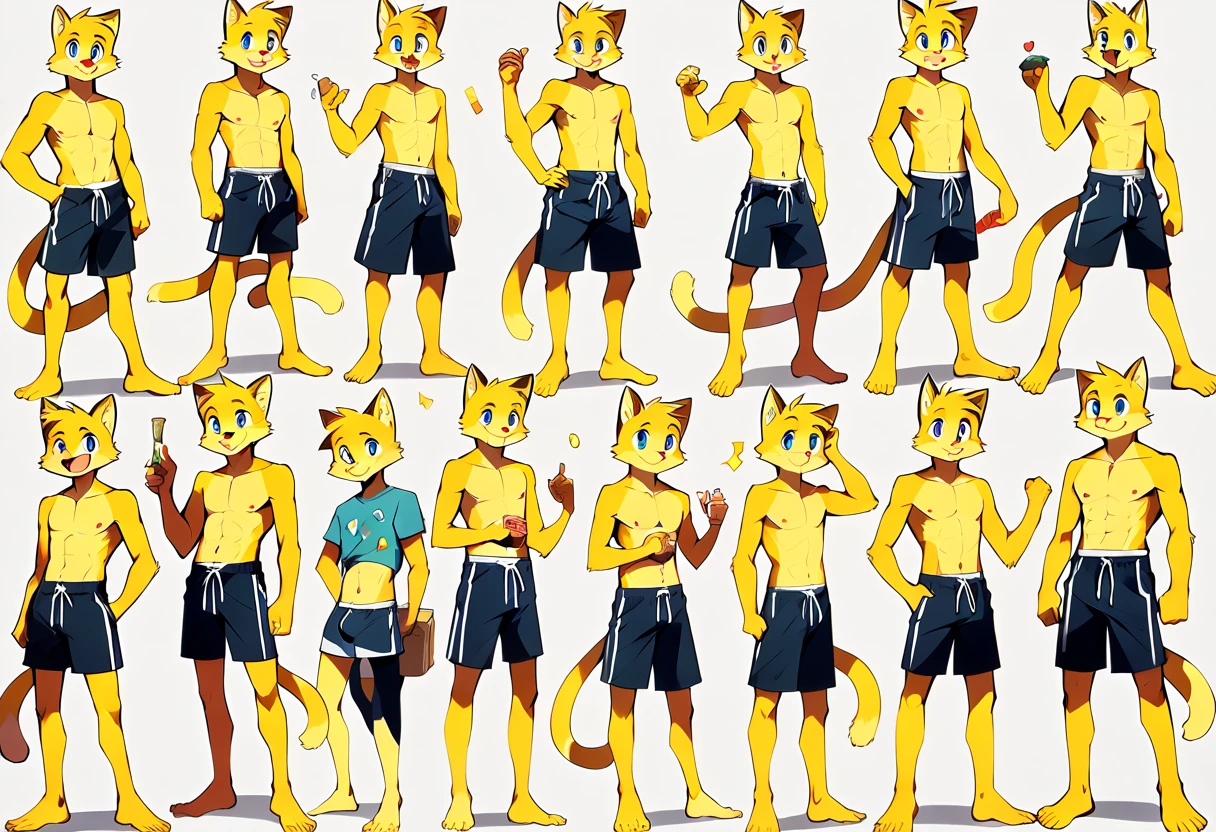 male, furry, high quality, hires, anthro, teenager, 17 years old, domestic cat, yellow fur, blue eyes, handsome, excited expression, humanoid feet, shirtless, slim body, toned body, prominent v-line, prominent abs, prominent legs, prominent forearms, prominent knees, white background, treasure trail, armpit hair, furry legs, bulge, in various poses, dick, showing off his abs, casual clothes