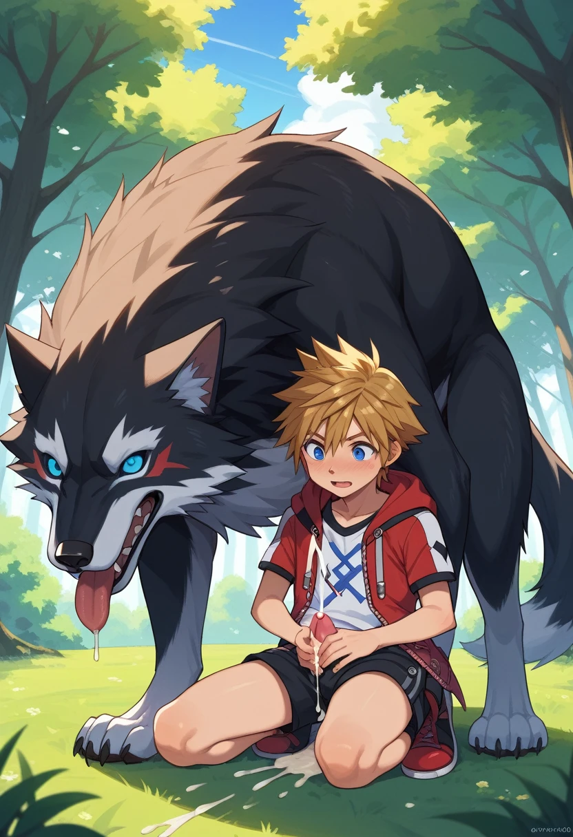 Kingdom hearts、((sky))、A young boy and a wolf、cute、Blue Eyes、Spiky hair、（Boy being raped by a black furry wolf）、((bestiality))、(Intense 、Ejaculating Semen)、in the forest