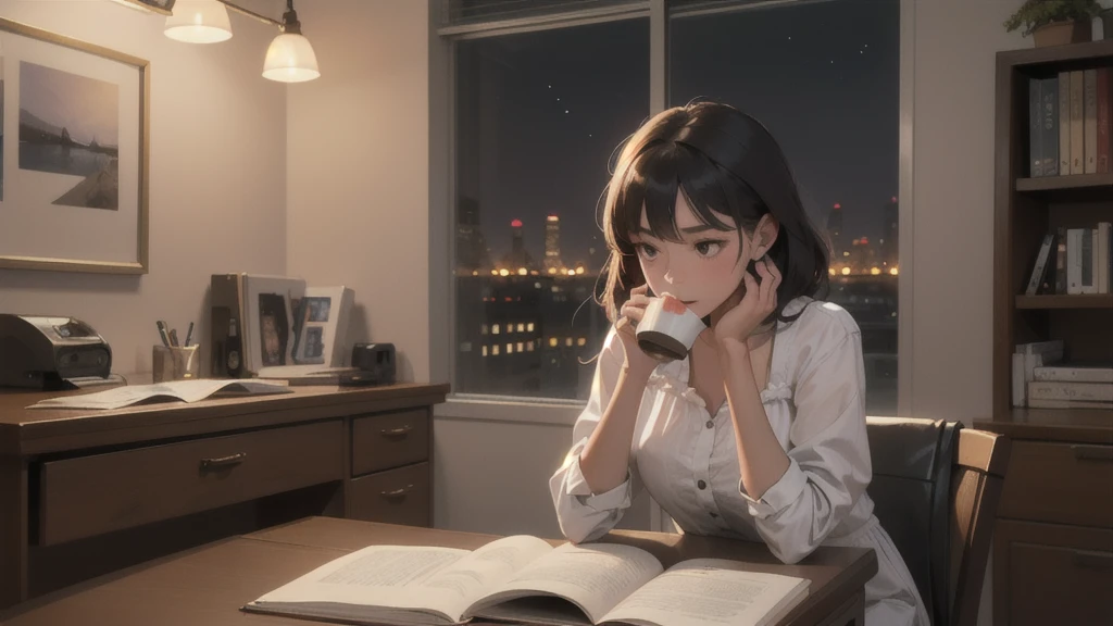 LOFI　A little bit of art　A woman is studying at a desk while drinking coffee　Warm lighting　The time is 11pm　Dress relaxed　Night view in the window
