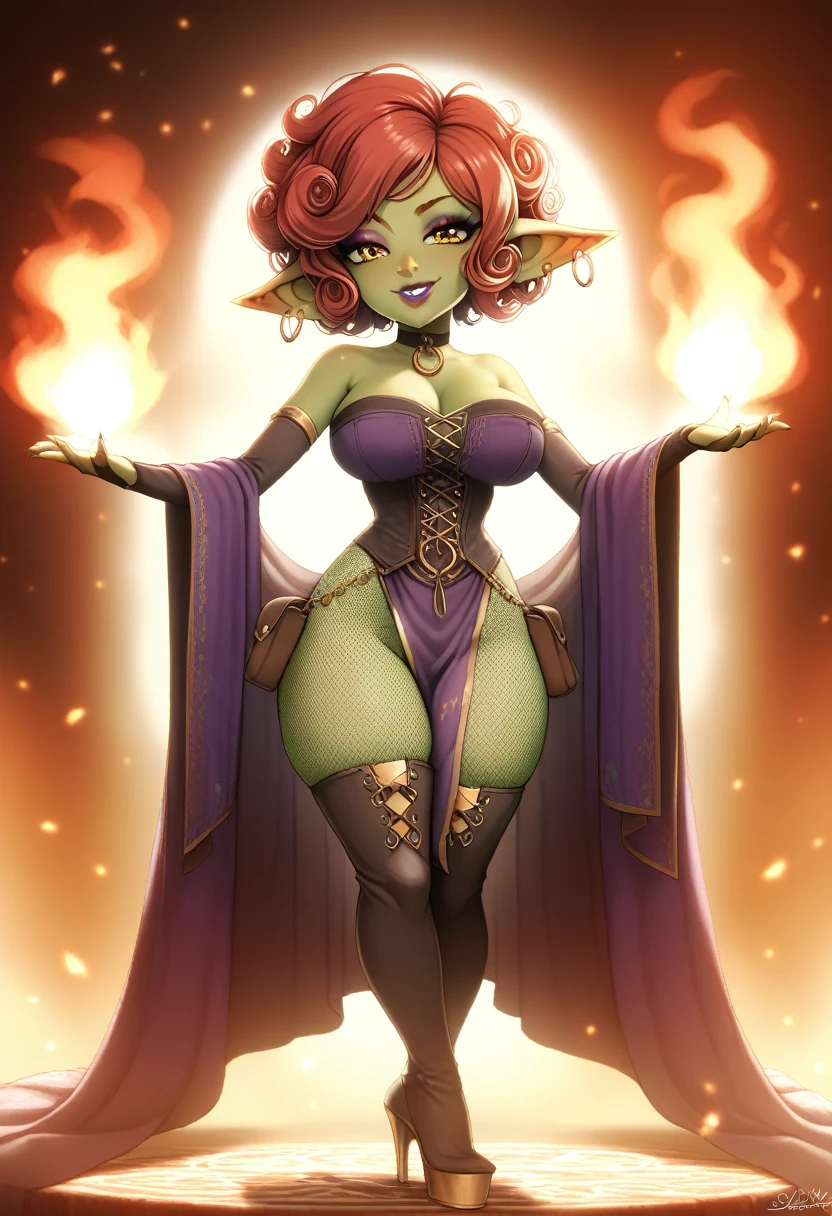 Girl, goblin girl, goblin, green skin, short, short stature,short hair, red hair, curly hair, large breasts, long gloves, thigh boots, pouty lips, masterpiece, best quality, sexy, dynamic pose, 8k, shortstack, sfw, shiny, fantasy, dungeons and dragons, high heels,  fishnets, holding, dark green skin, adventurer, slutty pose, sorcerer, sorceress, pyromancer, fire and ice, magic, fire and ice magic, long detailed slutty colorful dress, thigh pouch, very curly hair, lots of belts, curly hairstyle, lipstick, rosy cheeks, smile, eyeshadow, eye liner 