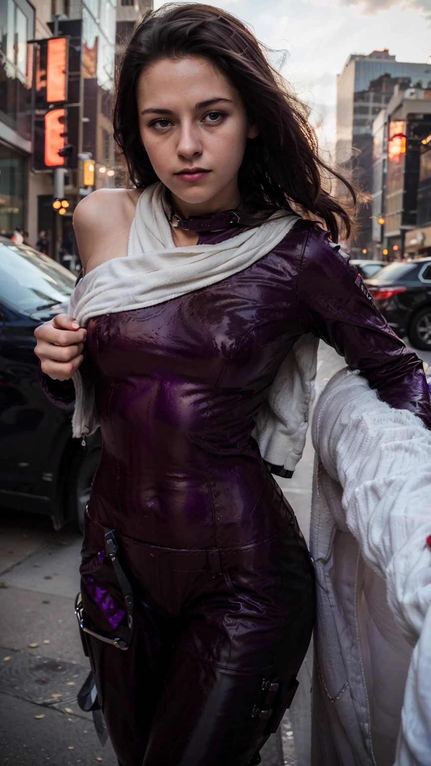 (masterpiece), (photorealistic1.4), (1 girl), (solo), (best quality), (epiCRealLife), (kateb2023 costume), (kateb2023 purple sleevless bodysuit), (young woman), (show cleavage), (kst3w),( kateb2023 white scarf), (bare shoulder), (night time), (light smile),, (latex nsfw outfit), (elbow gloves), (abs), (flash photography), (flashphoto), (cowboy shots), (outdoor), (street of new york), (at night), (look at viewers),