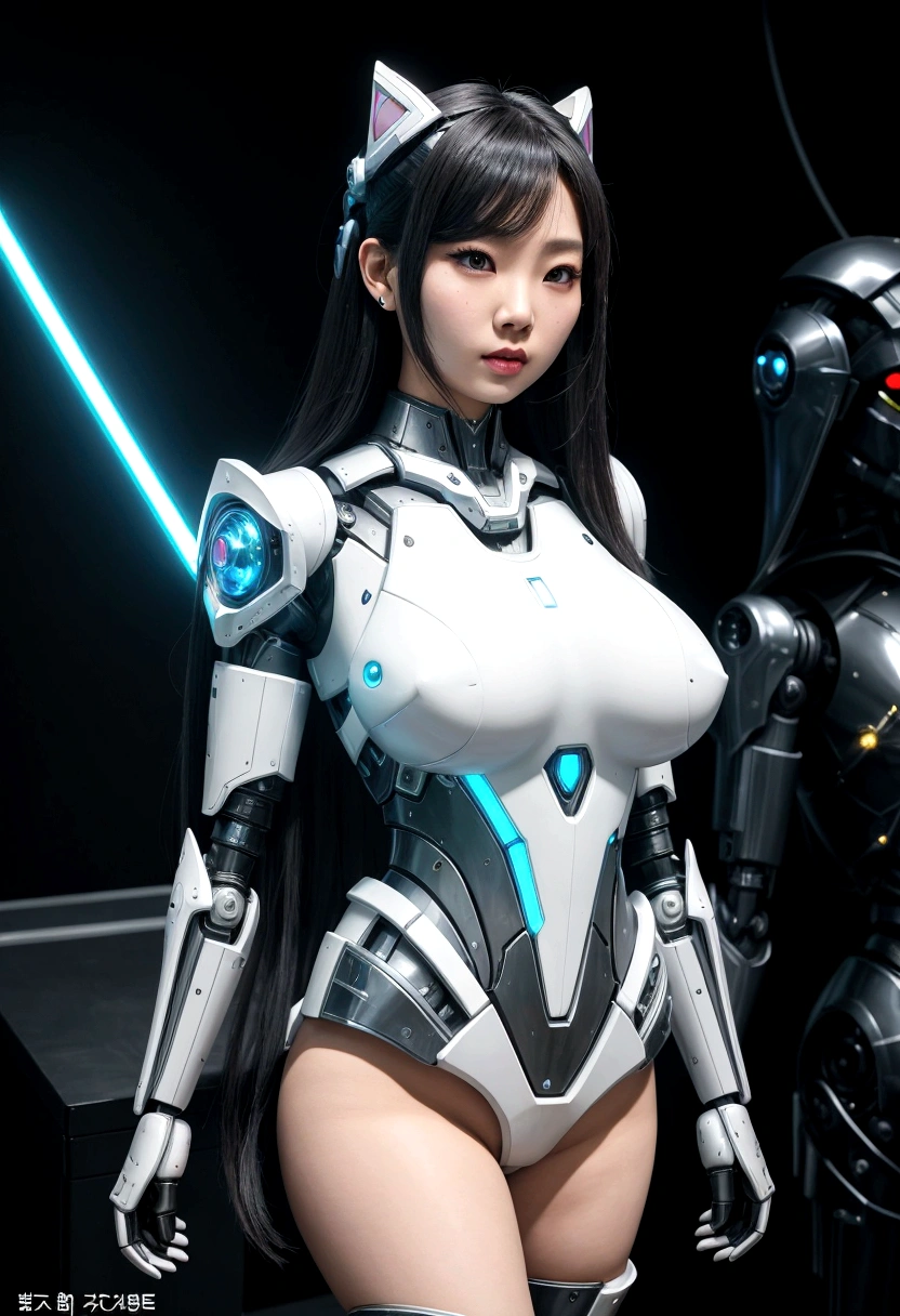 asian woman, standing, stop FRONT VIEW, tez blanca, korean, tits, futuristic clothing, modern outfit provided, NO DEFORMATIONS, beautiful, robot, cyborg, android, light, laser, League of Legends, splah art, sexy, the payment, chrome, Metal, FNAF, Animatronic, White y negro, shadows, contrast, linda, beauty, goddess, kpop, Twice, Blackpink, warframe, robots, EVERGLOW, Aespa, idol, star wars, steel, iron, Metal, the payment, Dark, lingerie, Dorado, gold, lights, trails, cables, wires, doll, doll, doll, haydee. neutral background, armor, haydee, hair without bangs, hair on the sides, long straight hair, hair without bangs, hair on the sides, White, White, oppai, big tits, big tits, throw, general, DIRECTOR, big breast. lights celestes, light blue lights.
