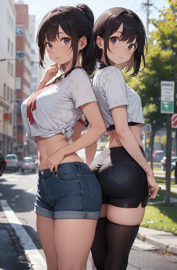 ((masterpiece, best quality, ultra quality, high quality, hyper detailed, intricate detailed, perfect anatomy, shiny skin, cowboy shot,)), (3women are posing for a camera), (In the schoolyard)、 (Lift up your shirt:1.2), (topless), (Laughing with your mouth open:1.2), (Stand in line) , brown hair, blond hair, navel, jewelry, looking at viewer, necklace, long hair, short hair, (Abdominal muscles), (Depth of written boundary), panties,