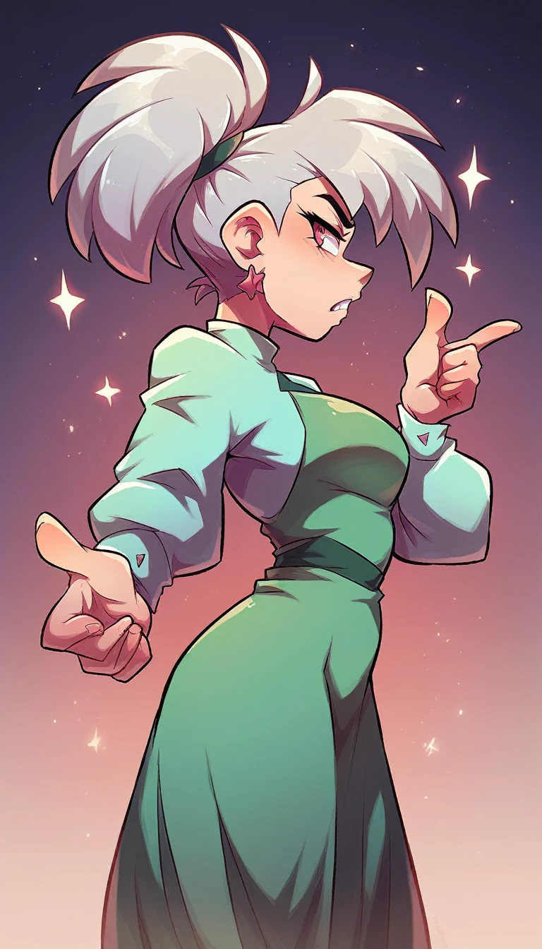 a profile view of a woman pointing finger, silver hair with pink dip-dye, green dress