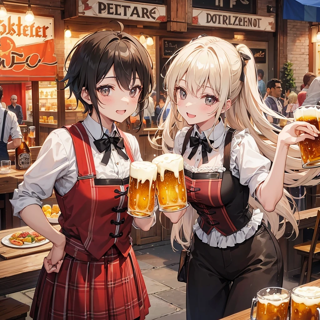 A male and a female in oktoberfest drinking Beer together, holding Beer glass, Beer , smile, Romantic atmosphere, Fun atmosphere, landscape