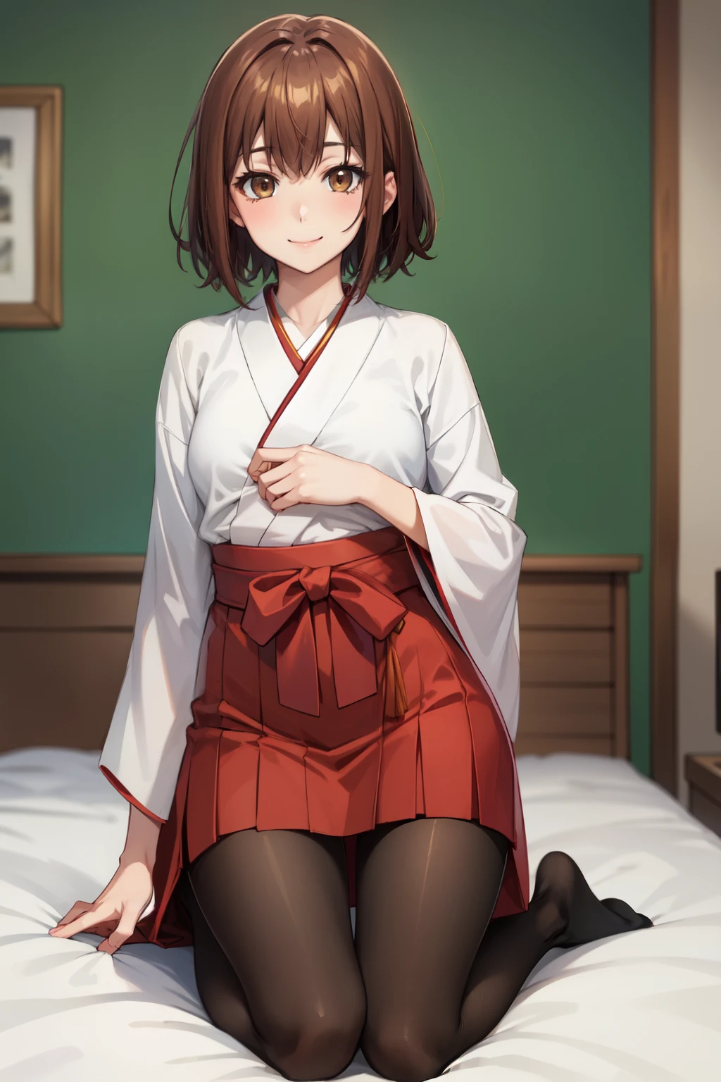 Highest quality, (masterpiece:1.2), Very detailed, 
One girl, alone,
View your viewers, smile, Medium chest, 
Brown eyes, Brown Hair, short hair, Graduation Hakama、pantyhose、Bedroom、Kneeling