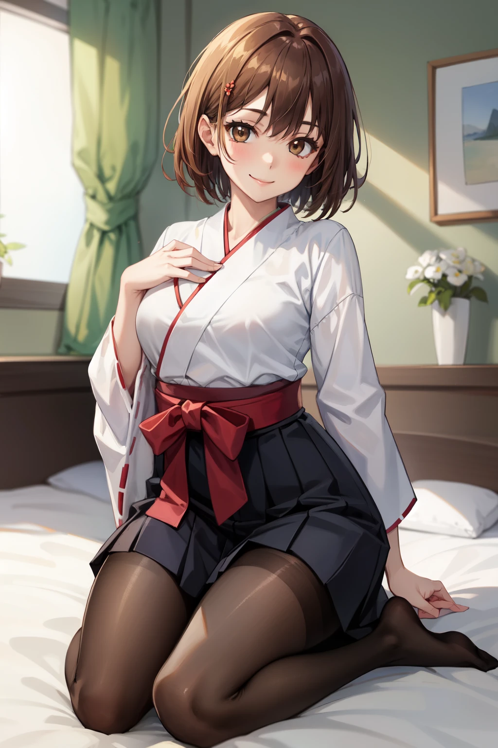 Highest quality, (masterpiece:1.2), Very detailed, 
One girl, alone,
View your viewers, smile, Medium chest, 
Brown eyes, Brown Hair, short hair, Graduation Hakama、pantyhose、Bedroom、Kneeling