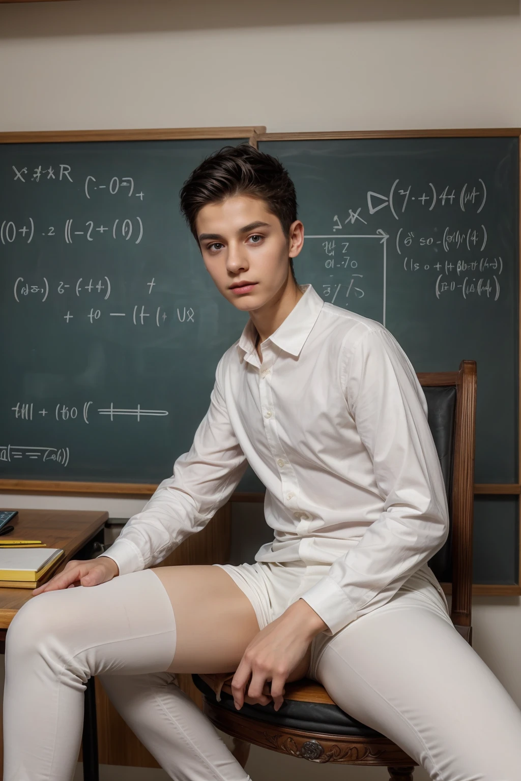 A beautiful young male twink with black hair and a face with makeup. He is wearing a white long-sleeved shirt with a tight fit and aqua blue pants. He is in his office and behind him is a blackboard with calculus equations written on it. He is sitting on a royal chair with his legs raised.