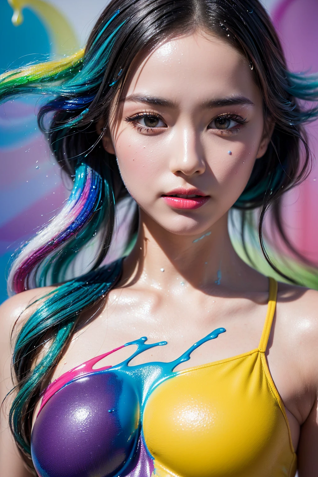 (absurd quality,high-res,masterpiece),(realism,photorealistic), (the art of painting the body with many colors, luminous paints:1.23), ((screen with splashing fluid flowing down, fluid paints:1.35), extremely detailed:1.13), (((in a bright and colorful paint pool:1.1))),