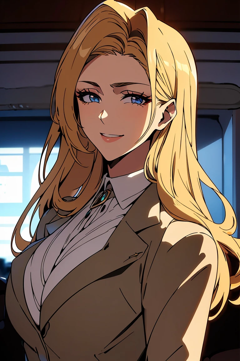 (masterpiece:1.2, Best quality), (exquisite eyes: 1.2), A high resolution, ultra detailed, HDR, masterpiece, very detailed face and eyes, confident expression with a grin, young woman, business style, trousers, blonde hair with dark streaks, 18 years, Squint, (exquisite eyes and exquisite face:1.3), ( nice and clear background: 1.2), (extremely detailed computer graphics, Super detailed, The best shadows: 1.1), ((depth of field)), makeup