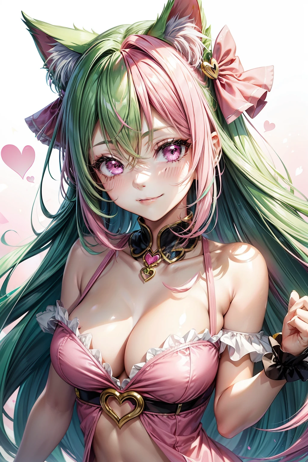 (( Pink green hair color)), pink eyes,sexy woman, cat ears, hearts, floating hearts, face only, long hair, smiling, hair ornament, up close face, closed mouth smile, up closeface, hair bows, sexy body
