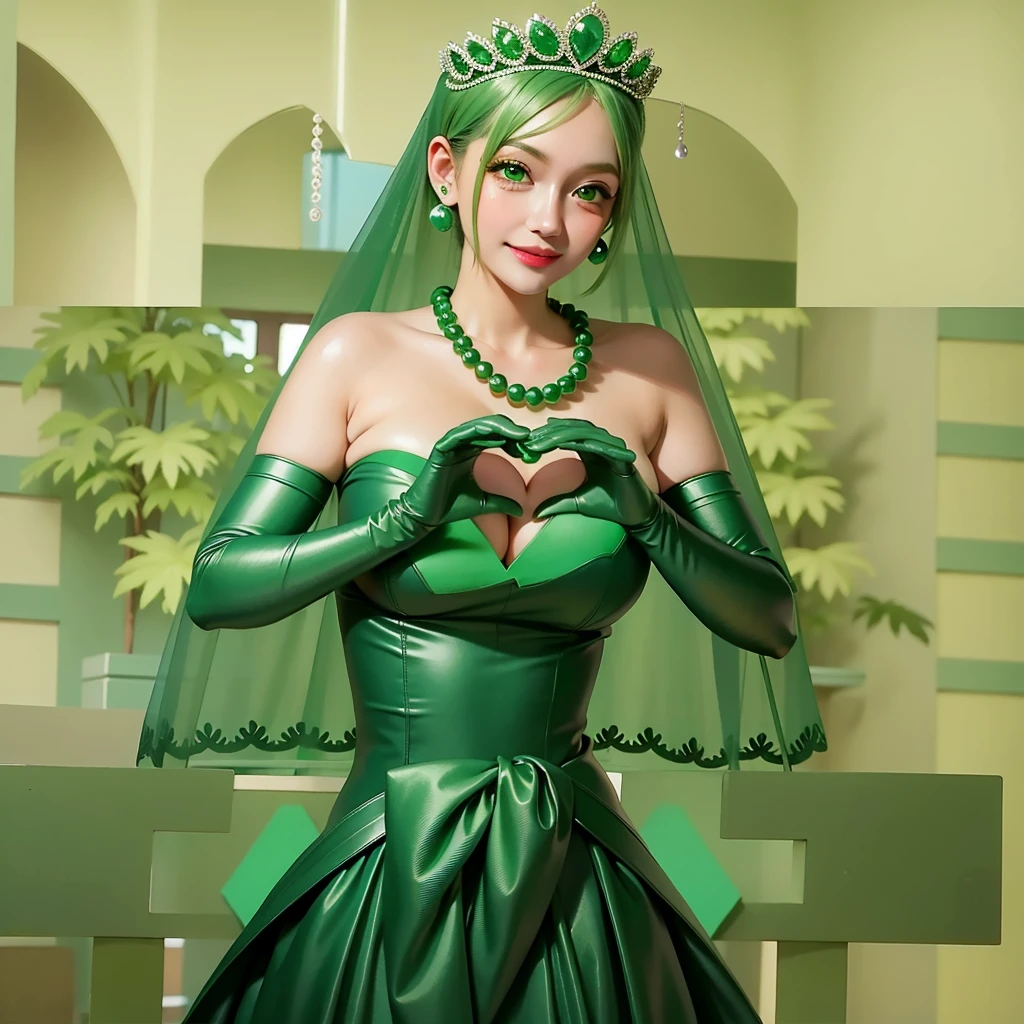 Emerald tiara, Green Pearl Necklace, ボーイッシュな非常に短いGreen Hair, Green Lips, Smiling Japanese woman, Very short hair, Busty beautiful lady, Green Eyes, Green satin long gloves, Green Eyes, Emerald Earrings, Green veil, Heart with both hands, Green Hair, Beautiful Japanese Women, Heart shaped hands:1.3, green lip gloss