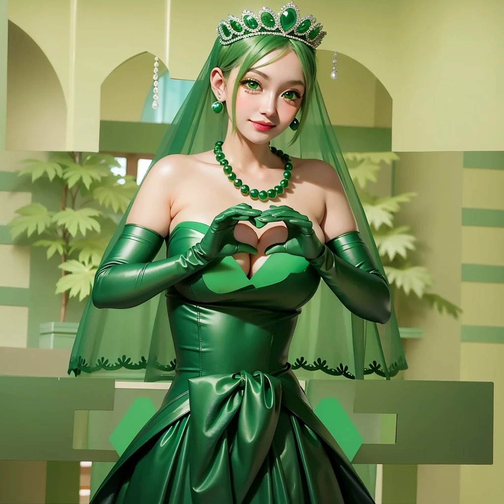 Emerald tiara, Green Pearl Necklace, ボーイッシュな非常に短いGreen Hair, Green Lips, Smiling Japanese woman, Very short hair, Busty beautiful lady, Green Eyes, Green satin long gloves, Green Eyes, Emerald Earrings, Green veil, Heart with both hands, Green Hair, Beautiful Japanese Women, Heart shaped hands:1.3, green lip gloss