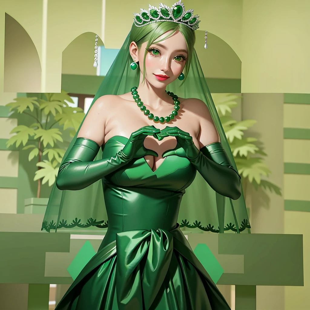 Emerald tiara, Green Pearl Necklace, ボーイッシュな非常に短いGreen Hair, Green Lips, Smiling Japanese woman, Very short hair, Busty beautiful lady, Green Eyes, Green satin long gloves, Green Eyes, Emerald Earrings, Green veil, Heart with both hands, Green Hair, Beautiful Japanese Women, Heart shaped hands:1.3, green lip gloss