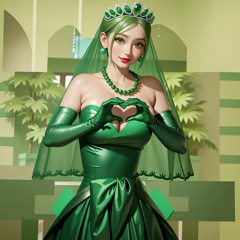 Emerald tiara, Green Pearl Necklace, ボーイッシュな非常に短いGreen Hair, Green Lips, Smiling Japanese woman, Very short hair, Busty beautiful lady, Green Eyes, Green satin long gloves, Green Eyes, Emerald Earrings, Green veil, Heart with both hands, Green Hair, Beautiful Japanese Women, Heart shaped hands:1.3, green lip gloss