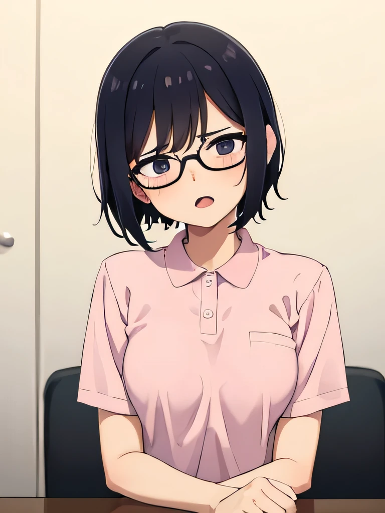 1. Pink polo shirt woman, Open mouth, stick out tongue, short hair, Short sleeves, naked, small breasts, Beautiful fingers, Black Hair, black eye、hospital、cute 、Quiet High Quality Short Sleeve Glasses、Perfect hands, whole body, desk in front, sitting on a chair, ahegao, feels good, feels, masturbation