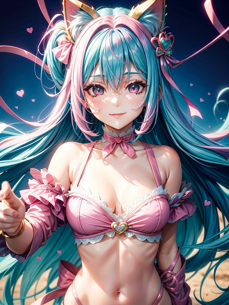 (( Pink teal blue hair color)), pink eyes,sexy woman, cat ears, hearts, floating hearts, face only, long hair, smiling, hair ornament, up close face, closed mouth smile, up closeface, hair bows, sexy body