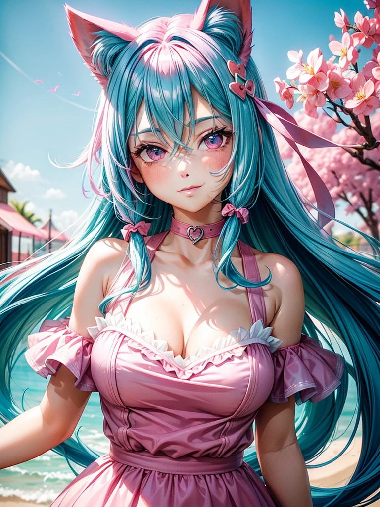(( Pink teal blue hair color)), pink eyes,sexy woman, cat ears, hearts, floating hearts, face only,  long hair, smiling, hair ornament, up close face, closed mouth smile, up closeface, hair bows, sexy body 