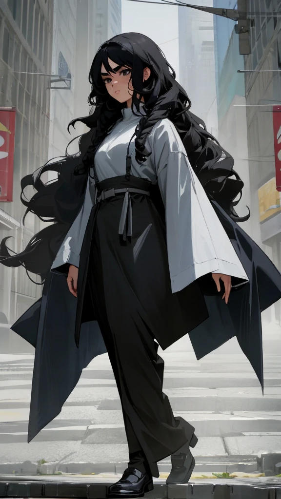 In the image, a 24-year-old woman with a full-body, ultra-realistic 8K portrait is walking down the street. She has a small face with small, intense black eyes, thick eyebrows, a small and thin mouth, and slightly bronzed skin. Her long, heavy, and curly black hair cascades down. Standing at 1.57m tall, she has a beautiful and intimidating presence. In the background, Jesus is depicted watching over her, protecting her from surrounding demons.