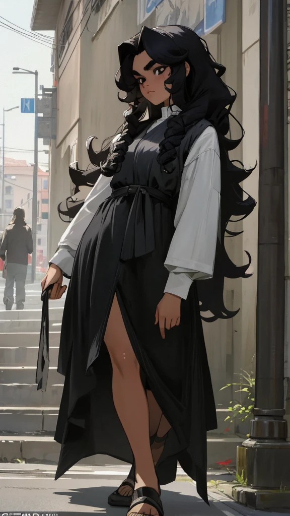 
In the image, a 24-year-old woman with a full-body, ultra-realistic 8K portrait is walking down the street. She has a small face with small, intense black eyes, thick eyebrows, a small and thin mouth, and slightly bronzed skin. Her long, heavy, and curly black hair cascades down. Standing at 1.57m tall, she has a beautiful and intimidating presence. In the background, Jesus is depicted watching over her, protecting her from surrounding demons.

