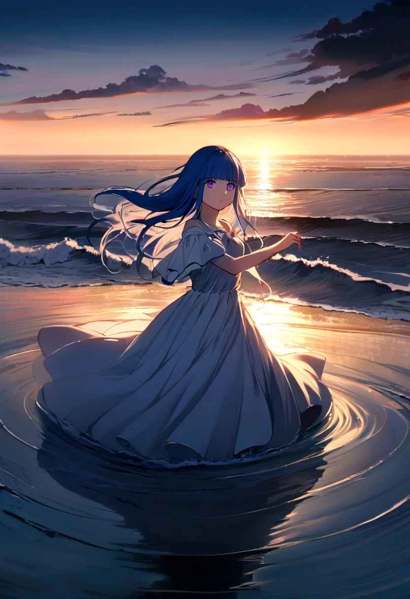 1 Girl, alone, Blue Hair, Purple eyes, Long Hair, blunt bangs, bangs, dawn, Seaside, (rain), Girl, (dance), Water&#39;s Edge, Flowing Dresses, Sky Color, reflection, rainの中のジャンプ, splash, joy, Sense of liberation, Dramatic atmosphere, Light and shadow contrast, The sound of the sea, Harmony with Nature