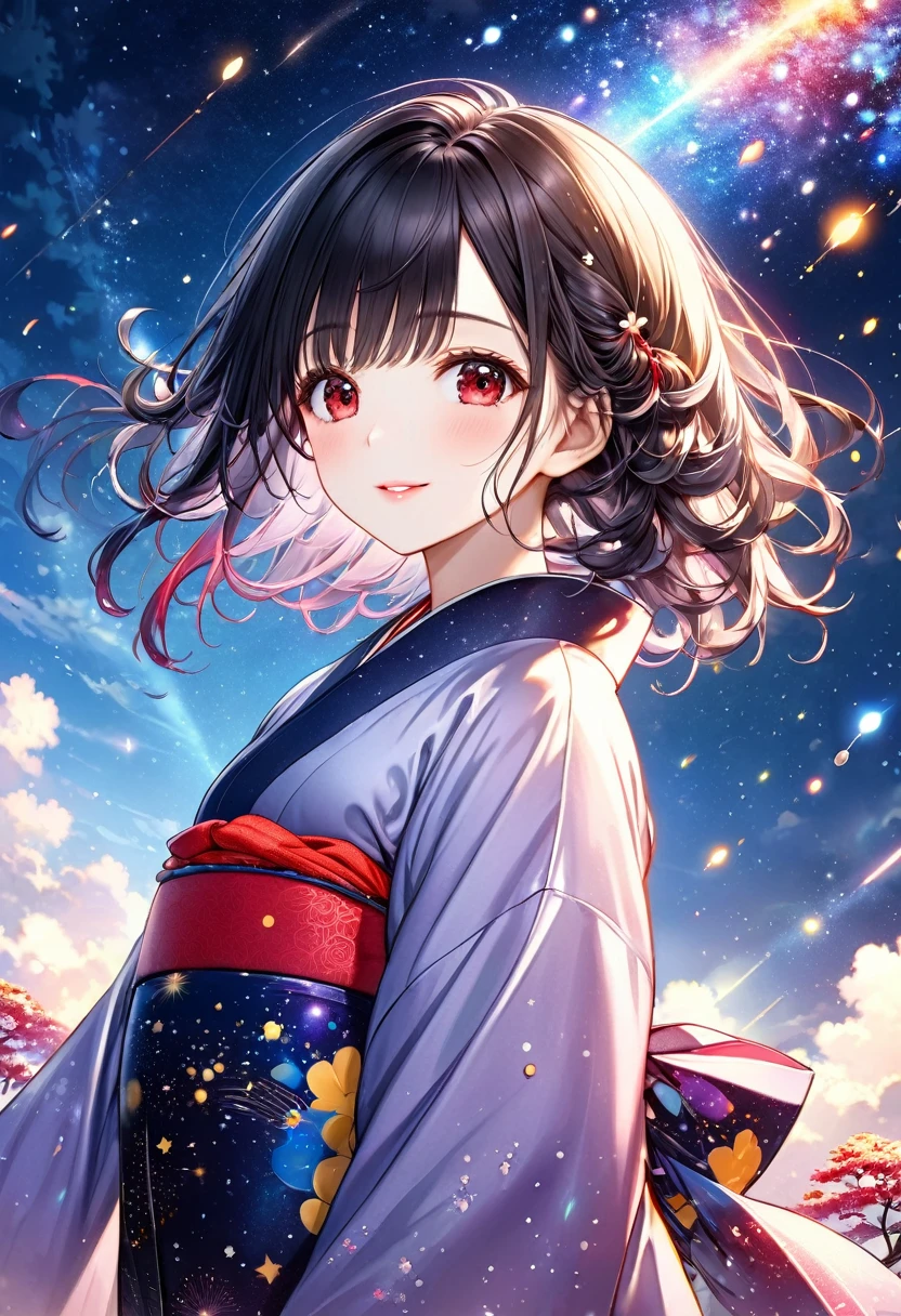 (Tanabata festival style), (in the detailed beautiful night, best sky of Galaxy), (solo:2, 15 yo, curly:1.3 black hair long hair cute girl, sexy red eyes, glossy lips, love smile, looking at sky), (in a cute yukata), break, background detailed Universe and Meteor shower, BREAK, perfect anatomy, masterpiece, best quality, 16k, beautiful detailed galaxy, daydreaming expression.