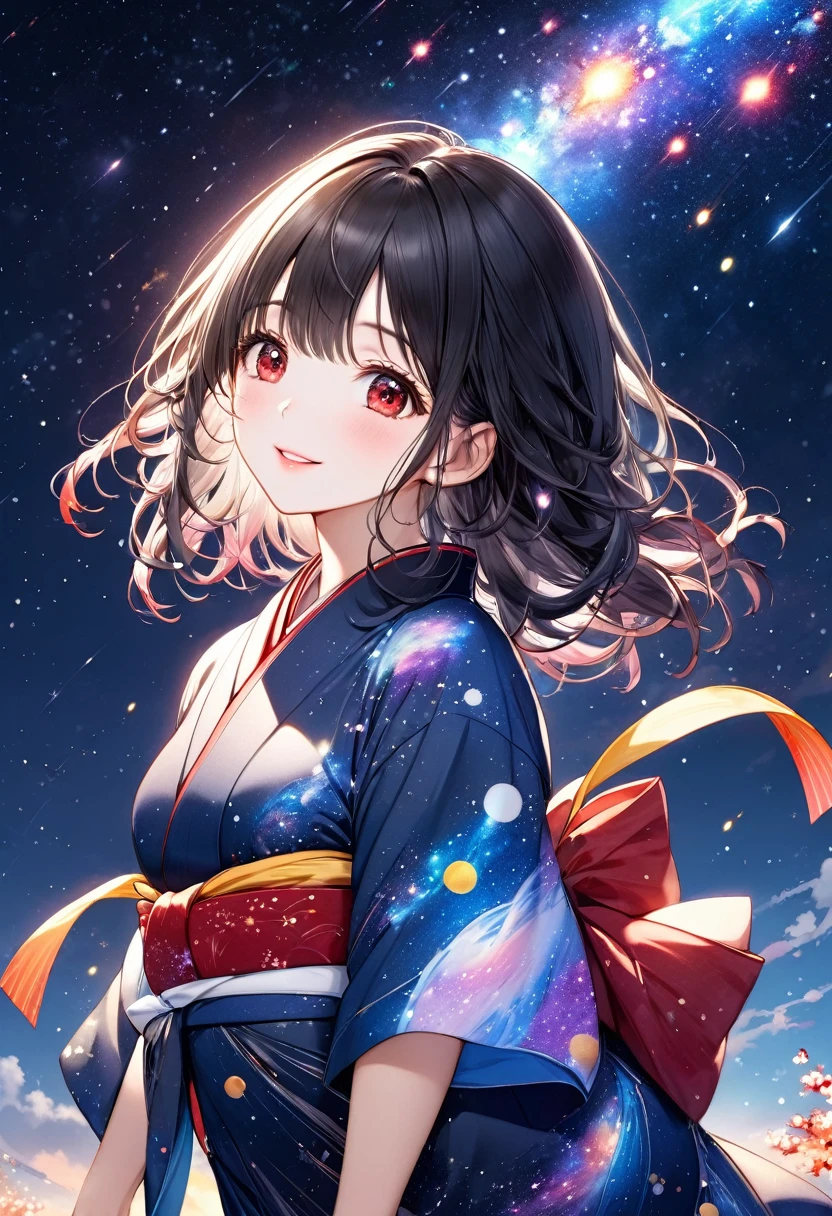 (Tanabata festival style), (in the detailed beautiful night, best sky of Galaxy), (solo:2, 15 yo, curly:1.3 black hair long hair cute girl, sexy red eyes, glossy lips, love smile, looking at sky), (in a cute yukata), break, background detailed Universe and Meteor shower, BREAK, perfect anatomy, masterpiece, best quality, 16k, beautiful detailed galaxy, daydreaming expression.