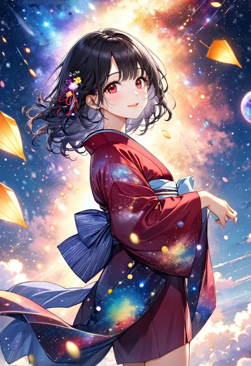 (Tanabata festival style), (in the detailed beautiful night, best sky of Galaxy), (solo:2, 15 yo, curly:1.3 black hair long hair cute girl, sexy red eyes, glossy lips, love smile, looking at sky), (in a cute yukata), break, background detailed Universe and Meteor shower, BREAK, perfect anatomy, masterpiece, best quality, 16k, beautiful detailed galaxy, daydreaming expression.