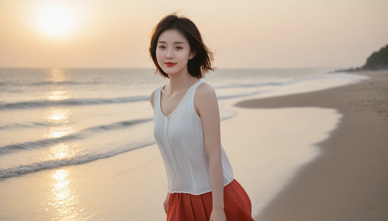 sunset red sun on the beach,A strong lingering scent is reflected in the sea., Beautiful 36-year-old short Korean woman, Chest size 34 inches, Wear sleeveless, light skirt. beautiful pretty woman look , wearing a light skirt , Go far into the sea water and dip your toes., Short medium hair blowing in the wind, 1 short woman, beautiful eyes, a little smile, Full-body photo taken from afar with a wide-angle lens, The background is clear and perfect., waves moved by the wind