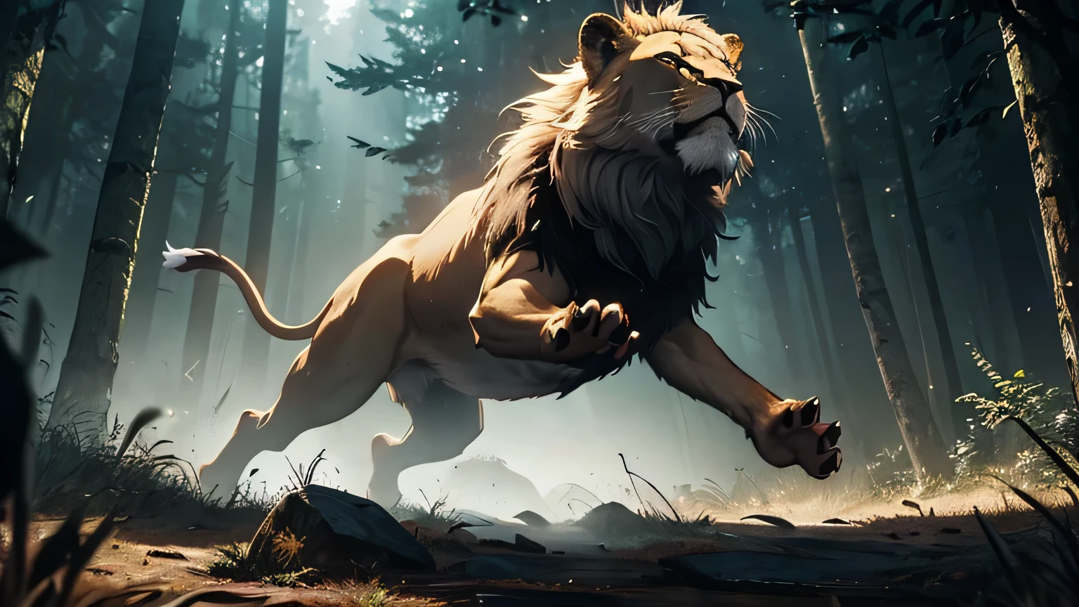 motion scene of lion paw with claws attacking in the air with violence, dark forest background , moody lighting, hyper realistic, cinematic lighting,