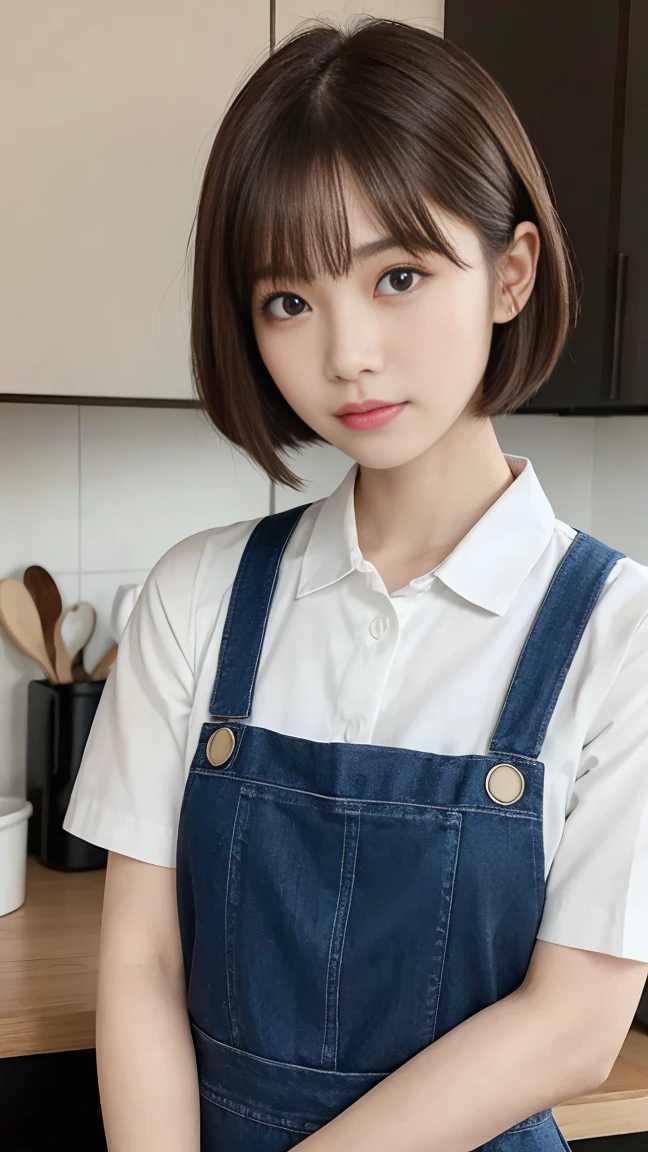 Cute 21 year old Japanese、kitchen、cooking、Super detailed face、Eye on the details、double eyelid、Beautiful thin nose、Sharp focus:1.2、Beautiful woman:1.4、(Light brown hair,Short Hair、),Pure white skin、Highest quality、masterpiece、Ultra-high resolution、(Photorealistic:1.4)、Pinafore、kitchen、apron、No exposure、