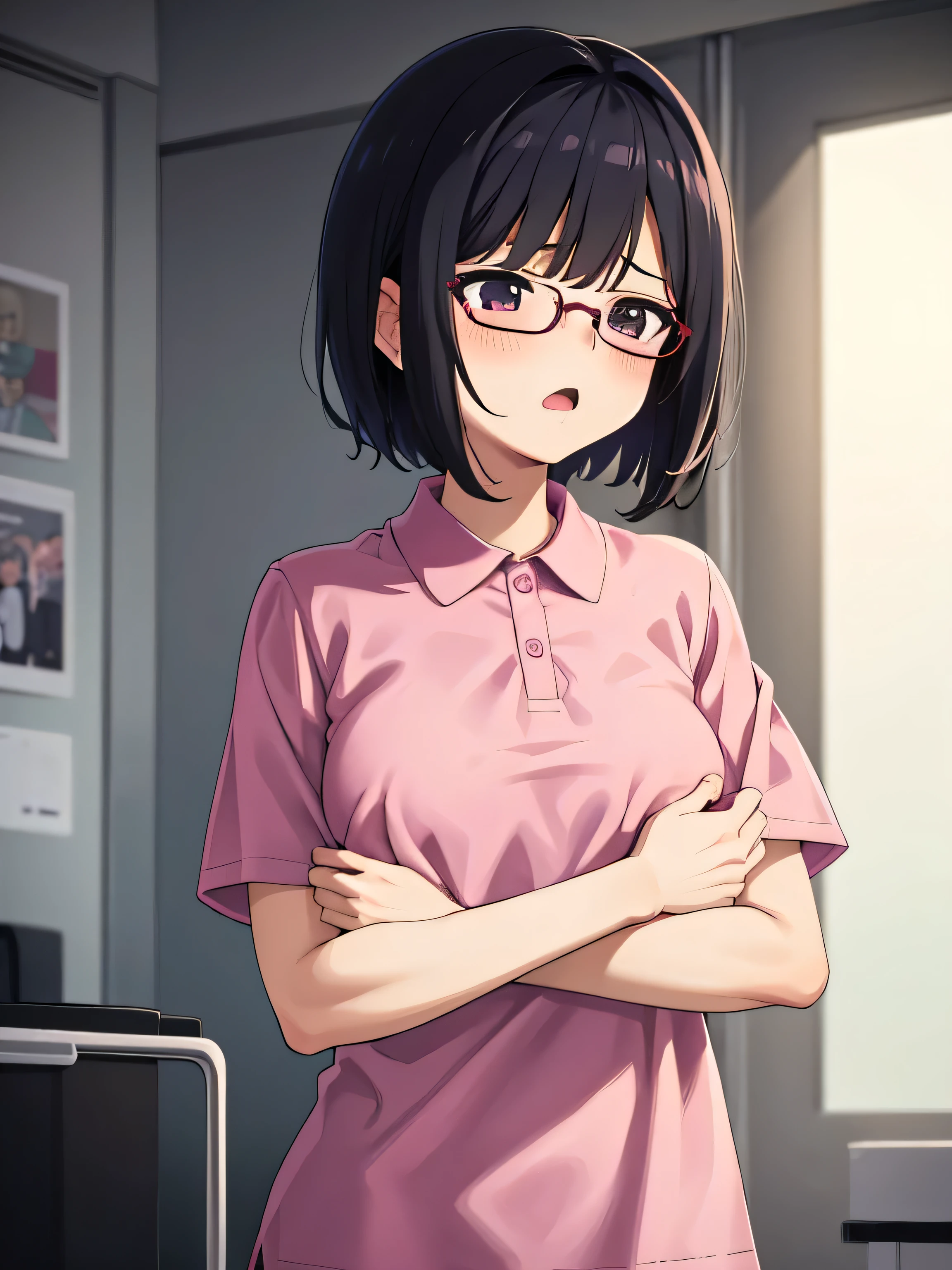 1. Beautiful girl in a magenta polo shirt, short hair, Small breasts, Embarrassing, Beautiful fingers, Shyness, worries, Black Hair, No underwear, Crouching, black eyes, hospital, beautiful, cute, high quality, short sleeves No bra, Open mouth Glasses Perfect hands
