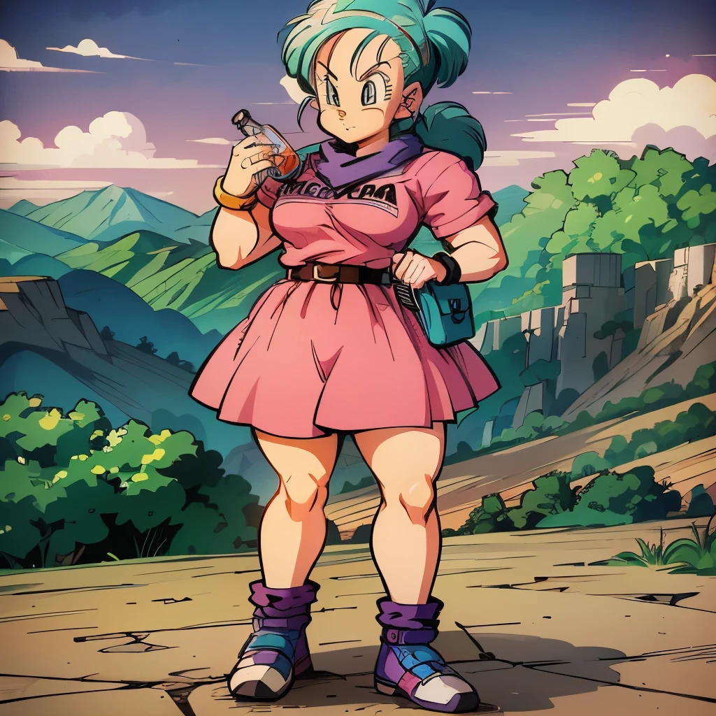 a cartoon of a woman in a pink dress holding a bottle, bulma from dragon ball, inspired by CHAMBA, by theCHAMBA, chica saiyajin, in the art style of 80s anime, female protagonist 👀 :8, Official Art, Akira Toriyama style, 80s anime art style, by Okada Beisanjin